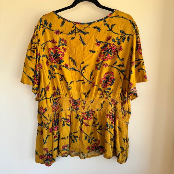 Knox Rose Textured Floral Top Yellow Blue Deep V-Neck Smocked Short Sleeve Sz 2X - Picture 6 of 6